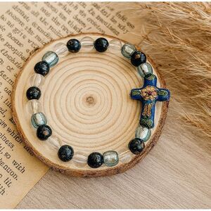 Women's Blue & Black Floral Beaded Religious Cross Bracelet Feminine Faith Boho